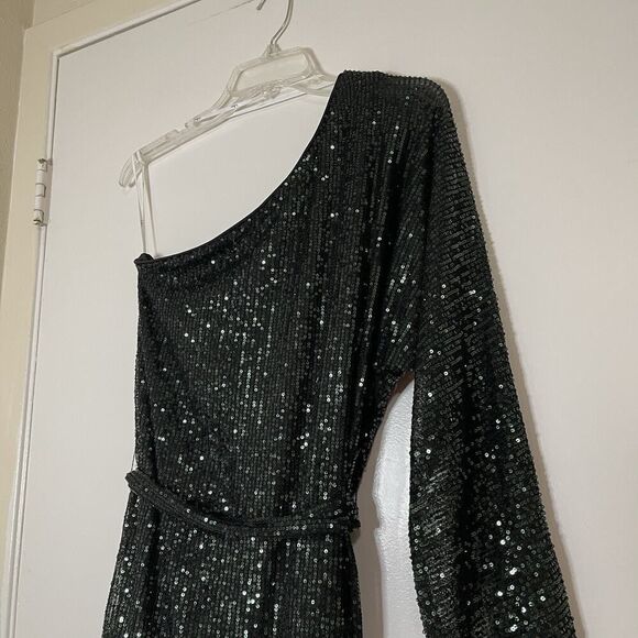 Lulu's Rare Gem Emerald Green Sequin One-Shoulder Mini Bodycon Dress Medium - Picture 8 of 8